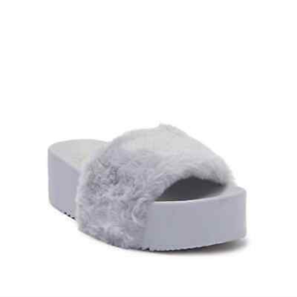 Gray Faux Fur Platform Slide